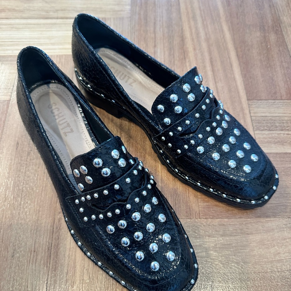 SCHUTZ Black Silver-Studded Loafers